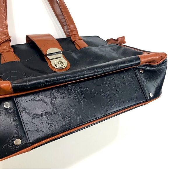 Gigi Hill LA Black Brown Tooled Vegan Leather Extra Large Travel Duffel Tote - Picture 10 of 16